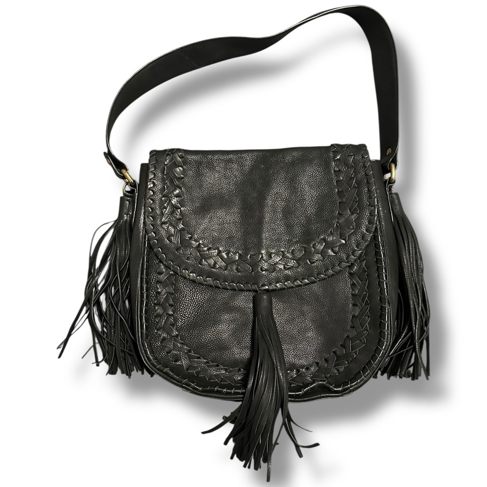 Clever Carriage‎ Company Black Genuine Leather Boho Satchel Tassel Braided Bag